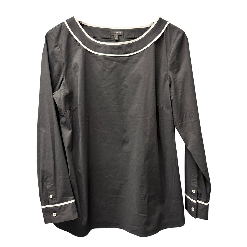 Talbots Blouse Womens Medium Black White Details Long Sleeve Side Zip‎ Classic